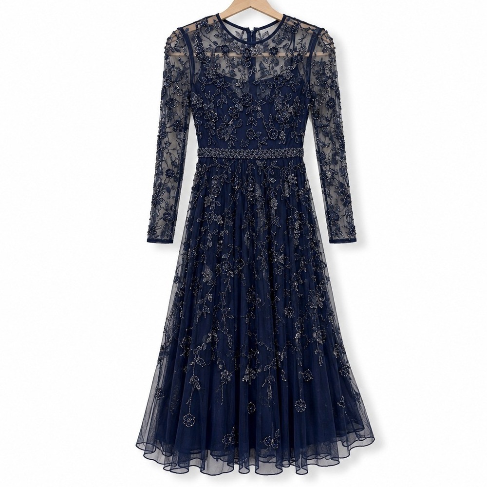 Mac Duggal 10799 Midi Dress Womens 2 Navy Blue Beaded Sheer Floral Formal Party